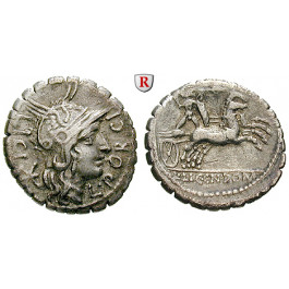 Römische Republik, L. Porcius Licinus, Denar, serratus 118 v.Chr., ss+