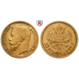 Russland, Nikolaus II., 15 Rubel 1897, 11,6 g fein, ss-vz