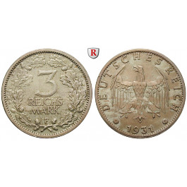 Weimarer Republik, 3 Reichsmark 1931, Kursmünze, F, vz+, J. 349