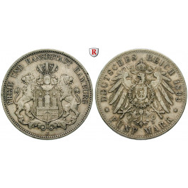 Deutsches Kaiserreich, Hamburg, 5 Mark 1899, J, ss, J. 65