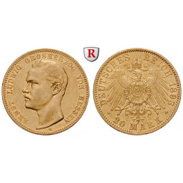 Deutsches Kaiserreich, Hessen, Ernst Ludwig, 20 Mark 1893, Portrait / Reichsadler, A, 7,17 g fein, vz, J. 223