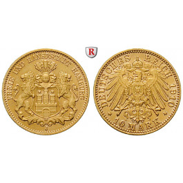 Deutsches Kaiserreich, Hamburg, 10 Mark 1910, J, f.st, J. 211