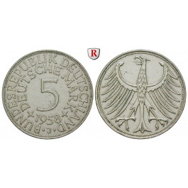 Bundesrepublik Deutschland, 5 DM 1958, Adler, J, 7,0 g fein, ss, J. 387