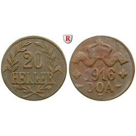 Nebengebiete, Deutsch-Ostafrika, 20 Heller 1916, Drei Blätter / Große Krone, T, vz, J. 724a