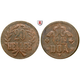 Nebengebiete, Deutsch-Ostafrika, 20 Heller 1916, Ein Blatt / Kleine Krone, T, ss+, J. 727a