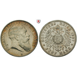 Deutsches Kaiserreich, Baden, Friedrich I., 5 Mark 1907, G, ss+, J. 33