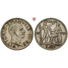 Italien, Königreich, Vittorio Emanuele III., 20 Lire 1928, Jahr VI, ss+