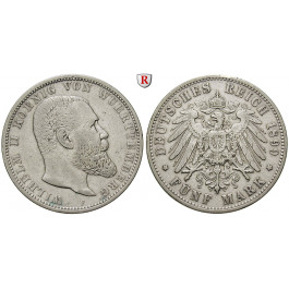 Deutsches Kaiserreich, Württemberg, Wilhelm II., 5 Mark 1899, F, ss, J. 176