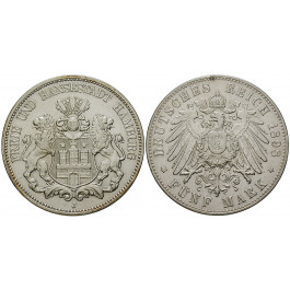 Deutsches Kaiserreich, Hamburg, 5 Mark 1898, J, ss+, J. 65