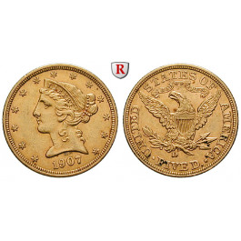 USA, 5 Dollars 1907, 7,52 g fein, ss-vz