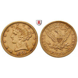 USA, 5 Dollars 1901, 7,52 g fein, ss+