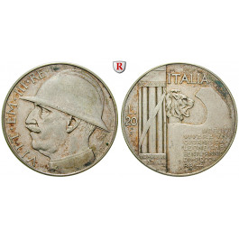 Italien, Königreich, Vittorio Emanuele III., 20 Lire 1928, Jahr VI, ss+