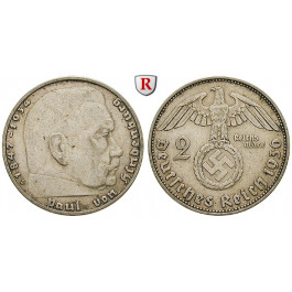 Drittes Reich, 2 Reichsmark 1936, Hindenburg mit Hakenkreuz, J, ss, J. 366