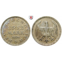 Weimarer Republik, 3 Mark 1924, Kursmünze, D, ss-vz, J. 312
