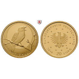 Bundesrepublik Deutschland, 20 Euro 2016, Heimische Vögel, Nachtigall., A, 3,89 g fein, st