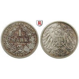 Deutsches Kaiserreich, 1 Mark 1892, E, 5,0 g fein, ss, J. 17