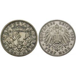 Deutsches Kaiserreich, Bremen, 5 Mark 1906, J, ss-vz, J. 60