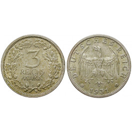 Weimarer Republik, 3 Reichsmark 1931, Kursmünze, E, f.st, J. 349