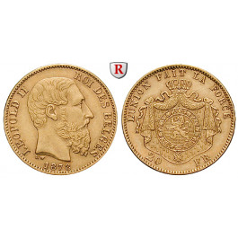 Belgien, Königreich, Leopold II., 20 Francs 1878, 5,81 g fein, vz