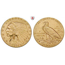 USA, 2 1/2 Dollars 1913, 3,76 g fein, vz/ss-vz