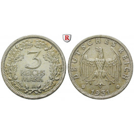 Weimarer Republik, 3 Reichsmark 1931, Kursmünze, A, ss-vz, J. 349