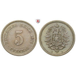 Deutsches Kaiserreich, 5 Pfennig 1876, D, vz/vz-st, J. 3