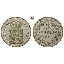 Bayern, Königreich, Ludwig I., 3 Kreuzer 1848, f.vz