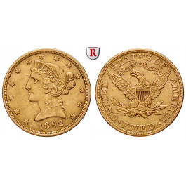 USA, 5 Dollars 1892, 7,52 g fein, ss+