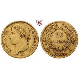Frankreich, Napoleon I. (Kaiser), 20 Francs 1808, 5,81 g fein, ss
