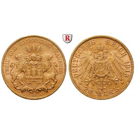 Deutsches Kaiserreich, Hamburg, 20 Mark 1913, J, vz/vz-st, J. 212