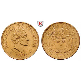 Kolumbien, Republik, 5 Pesos 1929, 7,32 g fein, vz