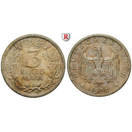 Weimarer Republik, 3 Reichsmark 1931, Kursmünze, A, ss+, J. 349