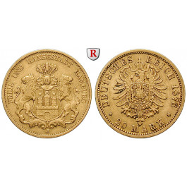 Deutsches Kaiserreich, Hamburg, 20 Mark 1876, J, ss+, J. 210
