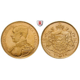 Belgien, Königreich, Albert I., 20 Francs 1914, 5,81 g fein, vz/vz-st