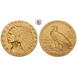USA, 5 Dollars 1908-1929, 7,52 g fein, ss-vz