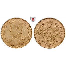 Belgien, Königreich, Albert I., 20 Francs 1914, 5,81 g fein, ss-vz