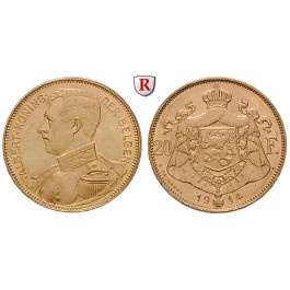 Belgien, Königreich, Albert I., 20 Francs 1914, 5,81 g fein, ss-vz