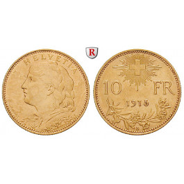 Schweiz, Eidgenossenschaft, 10 Franken 1915, 2,9 g fein, ss-vz