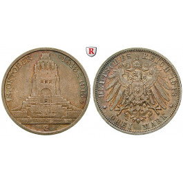 Deutsches Kaiserreich, Sachsen, Friedrich August III., 3 Mark 1913, Völkerschlacht, E, st, J. 140