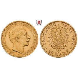 Deutsches Kaiserreich, Preussen, Wilhelm II., 20 Mark 1888, (ABBILDUNG MÜNZTYP), A, 7,17 g fein, ss, J. 250