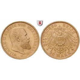 Deutsches Kaiserreich, Württemberg, Wilhelm II., 20 Mark 1894-1914, (ABBILDUNG MÜNZTYP), 7,17 g fein, ss-vz, J. 296