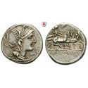 Roman Republican Coins, Appius Claudius Pulcher, T. Manlius Mancinus, and Q. Urbinus, Denarius 111-110 BC, good vf