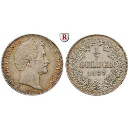 Bayern, Königreich, Ludwig I., 1/2 Gulden 1847, f.vz