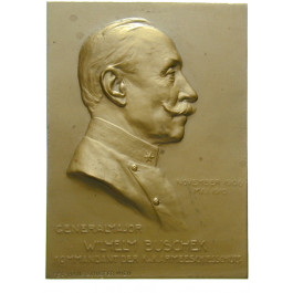 Personenmedaillen, Buschek, Wilhelm - Österreichischer Generalmajor, Einseitige Bronzeplakette 1910, prfr.