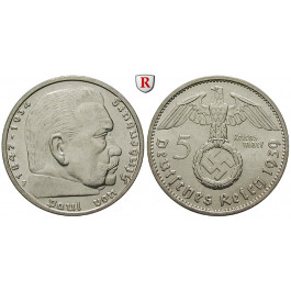 Drittes Reich, 5 Reichsmark 1939, Hindenburg mit Hakenkreuz, F, vz, J. 367