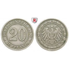 Deutsches Kaiserreich, 20 Pfennig 1892, J, ss+, J. 14