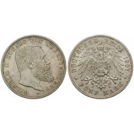Deutsches Kaiserreich, Württemberg, Wilhelm II., 5 Mark 1907, F, vz, J. 176