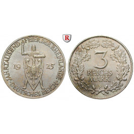 Weimarer Republik, 3 Reichsmark 1925, Rheinlande, F, vz+, J. 321