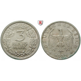 Weimarer Republik, 3 Reichsmark 1932, Kursmünze, D, vz-st, J. 349
