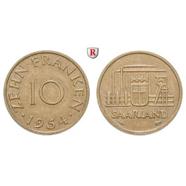 Nebengebiete, Saarland, 10 Franken 1954, ss-vz, J. 801